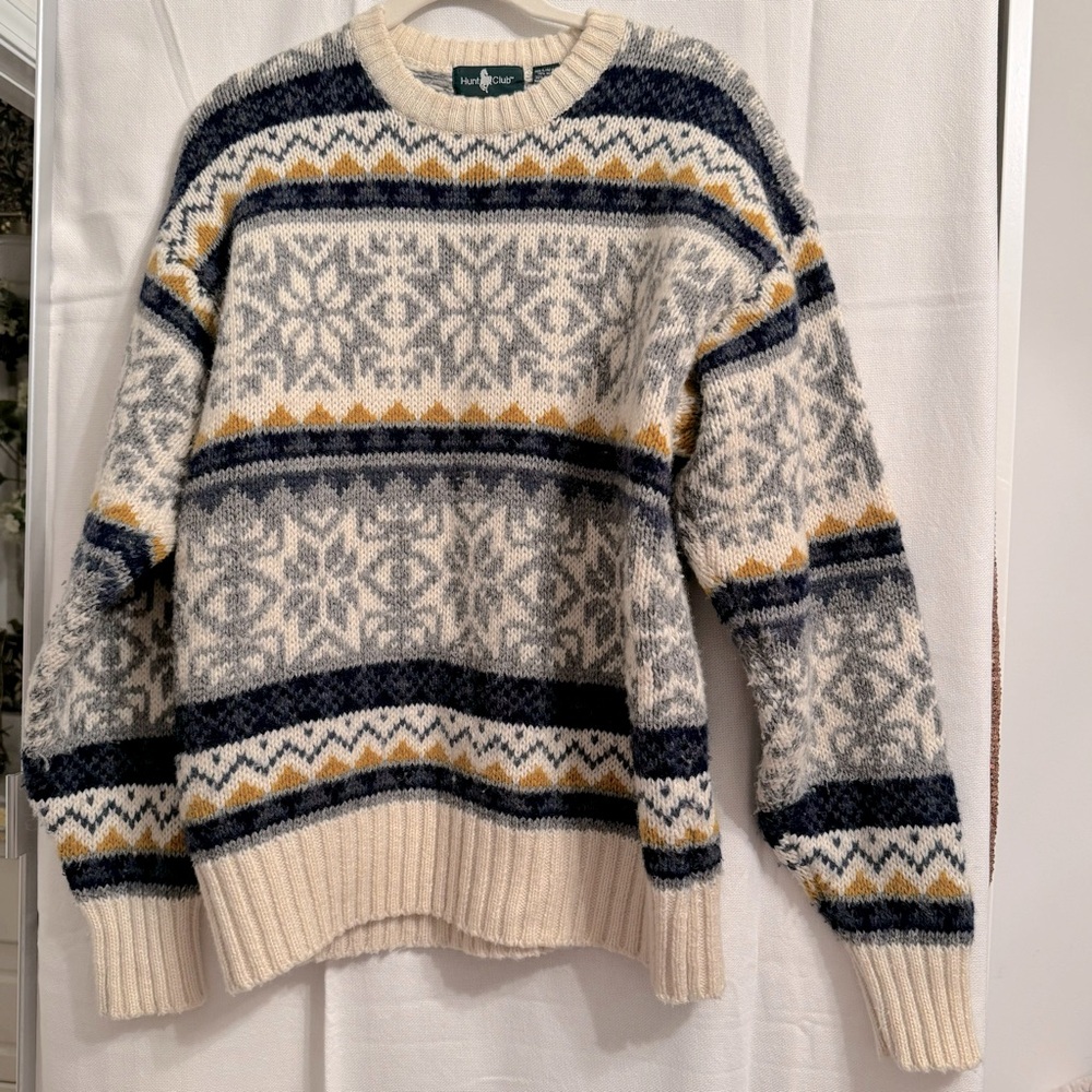 Vintage Hunt Club Wool Sweater Large Cream Blue Fair Isle 90s Thick Winter